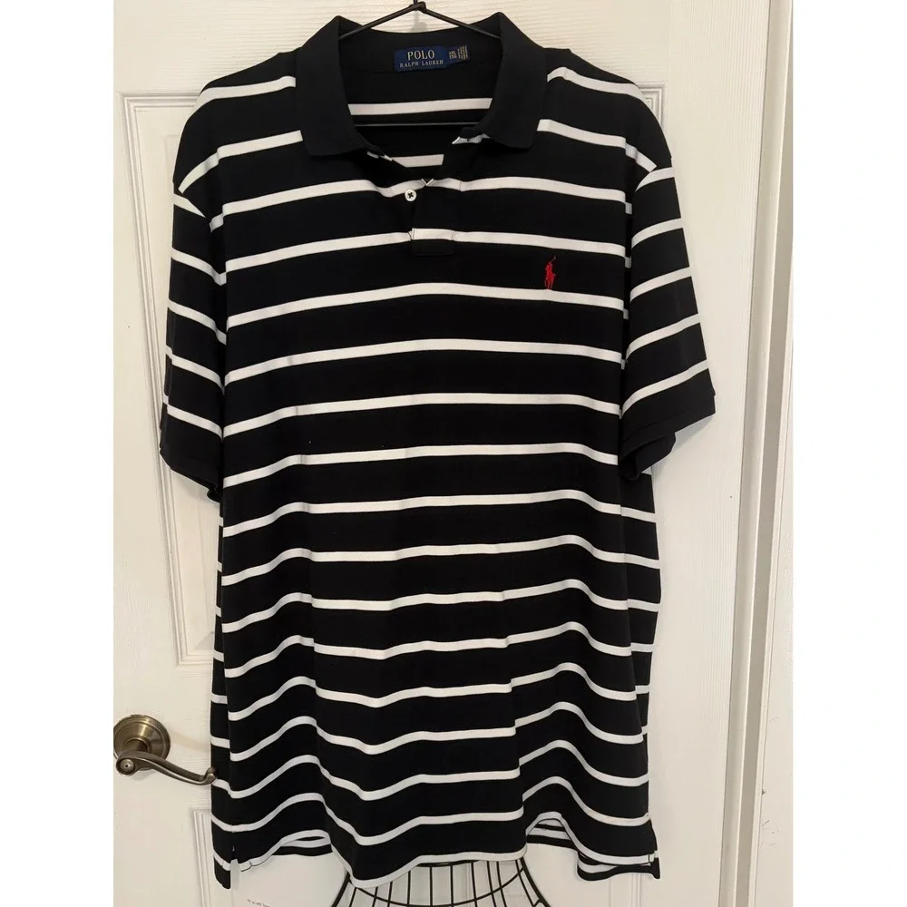 Polo Ralph Lauren Men's XXL Black White Striped Polo Shirt Red Pony